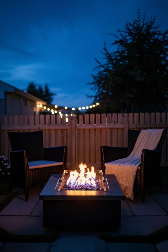 Propane fire pit table glowing at blue hour on a small patio with two chairs