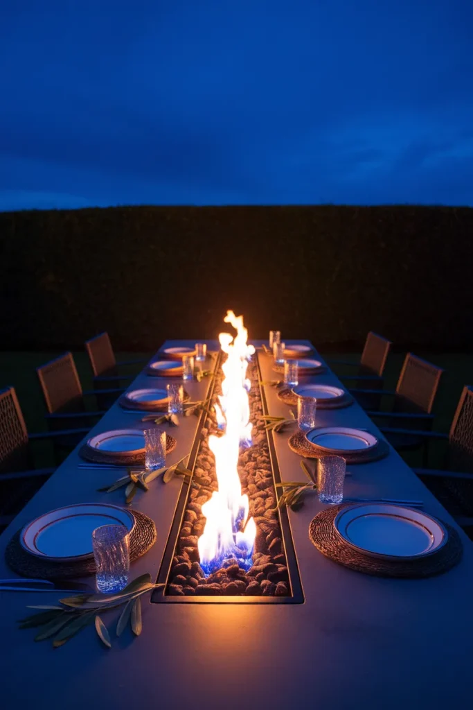 Propane fire pit table set for outdoor dinner with a long linear flame