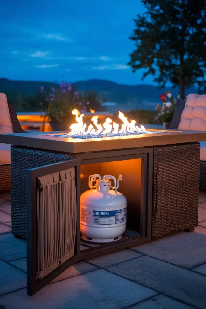 Propane fire pit table with base door open showing the hidden 20 lb tank inside