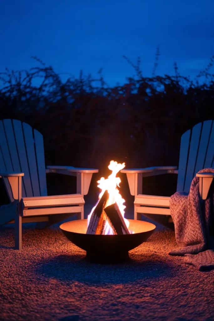 Propane fire pit with wide low flame and chairs pulled close for radiant heat