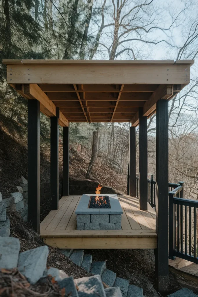 Raised deck platform holding a propane fire pit on a steep sloped yard