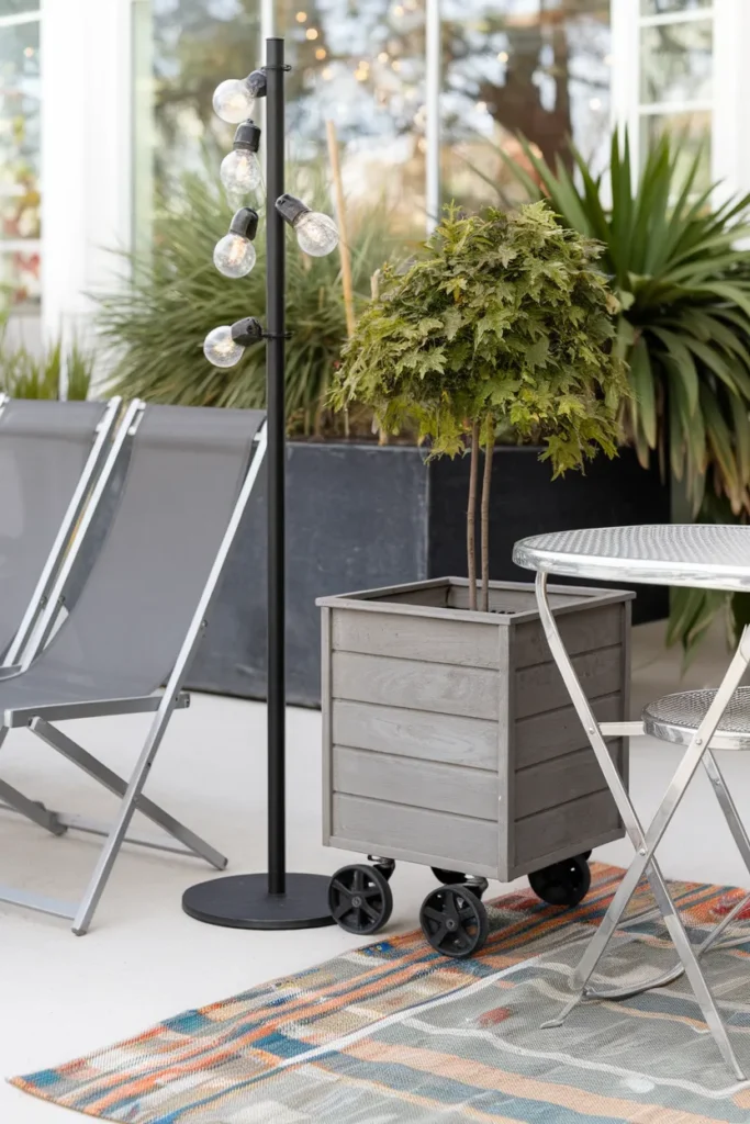 Renter-friendly outdoor furniture layout with movable planters and a freestanding light pole