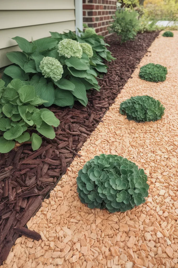 Rock and mulch split in front yard landscaping keeps foundation plants cooler