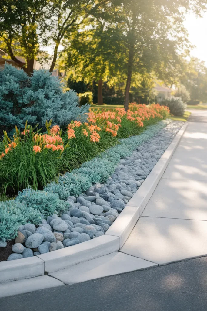 Salt tolerant curbside planting for low maintenance front yard landscaping along the street