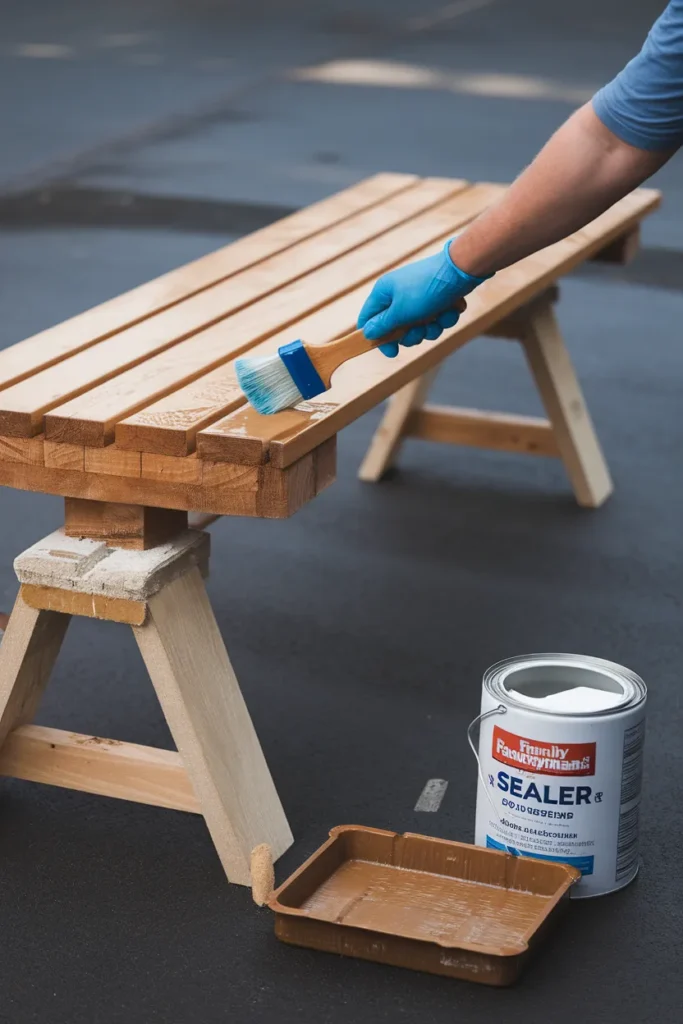 Sealing DIY outdoor furniture, brushing waterproofer onto the underside of a bench