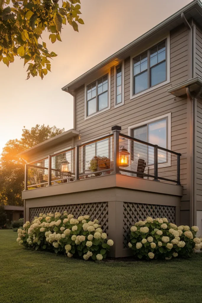 Second story deck off back of house with cable railing glowing at golden hour
