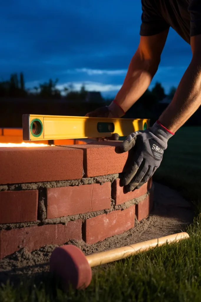 Setting brick courses on a DIY brick fire pit with a level at dusk