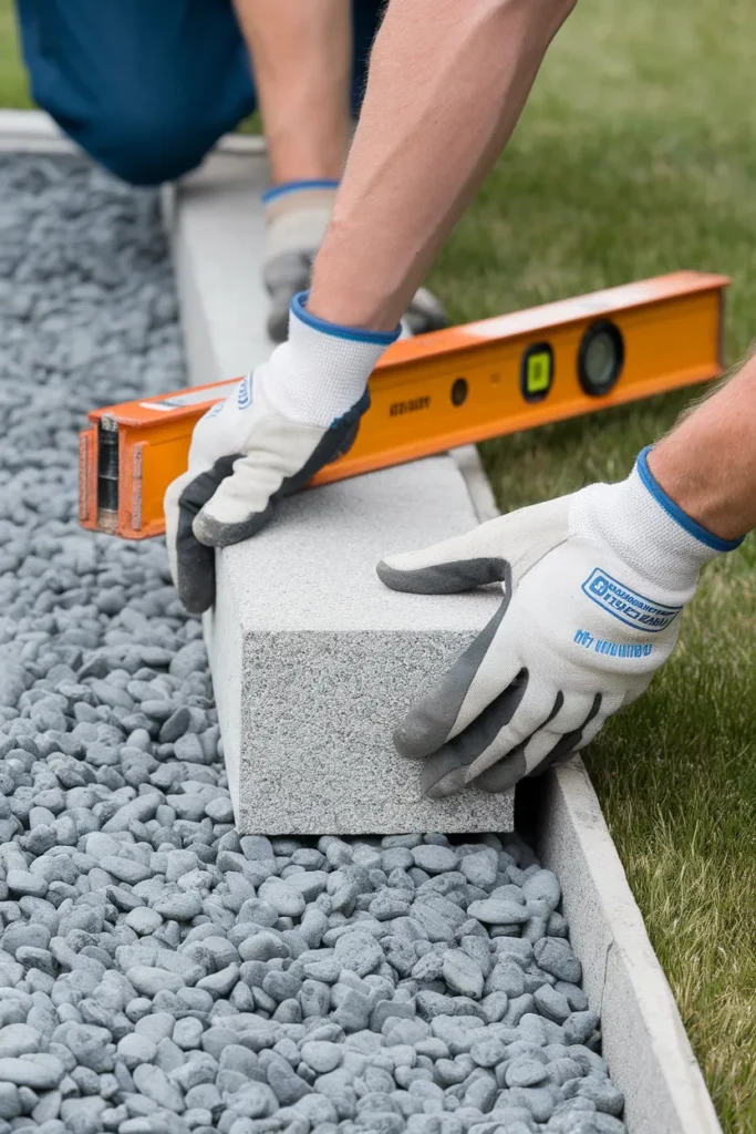 Setting the first course of a stone fire pit level on a compacted gravel base