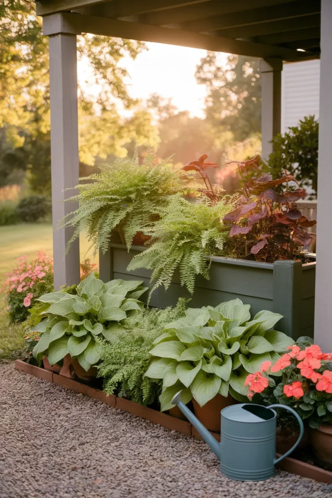 Shade container garden under a deck with hostas, ferns, and impatiens in pots