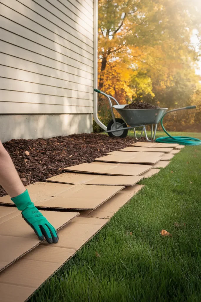 Sheet mulching over grass, a low maintenance front yard landscaping idea for turf removal