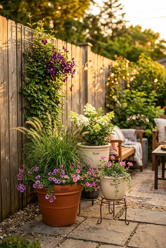 Small beautiful garden ideas with grouped containers and a vertical clematis trellis