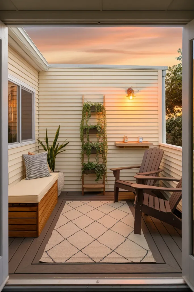 Small deck furniture ideas storage bench, folding chairs, and a rail ledge on a compact 8x10 deck