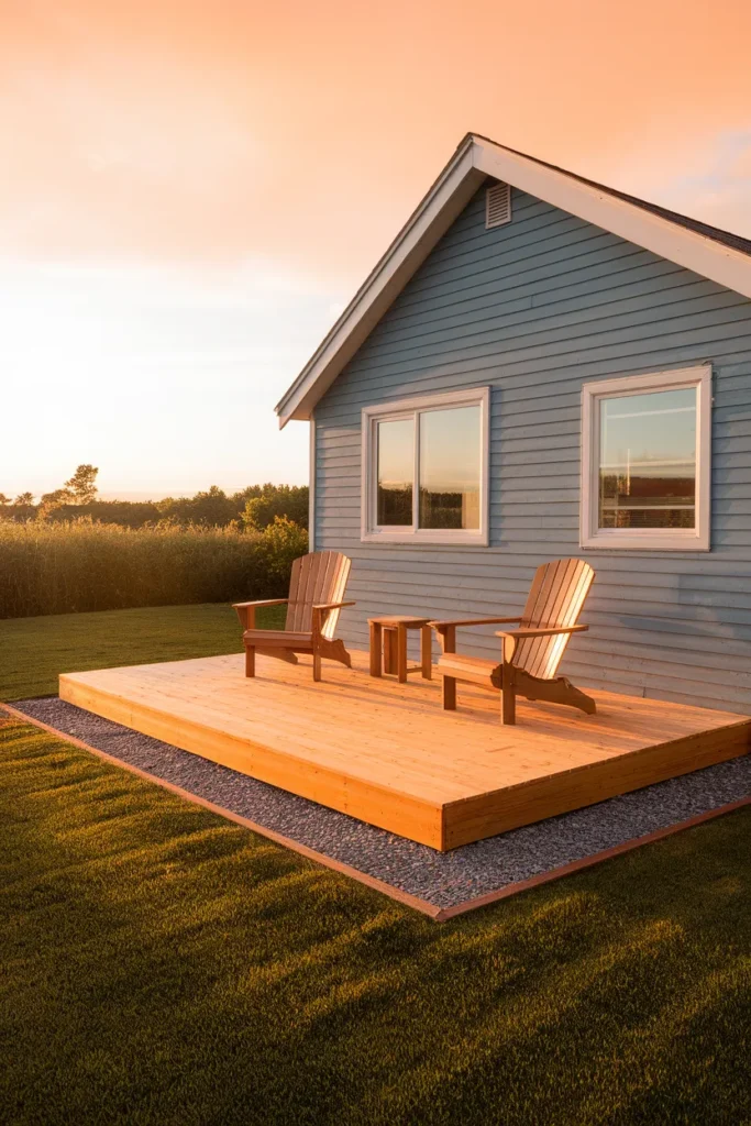 Small deck off back of house a ground level floating platform with Adirondack chairs