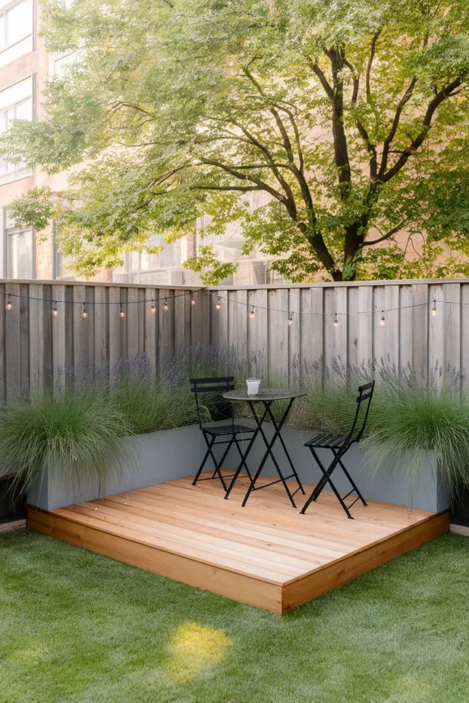 Small floating deck ideas 8x8 corner deck with diagonal boards and planters in a tiny yard