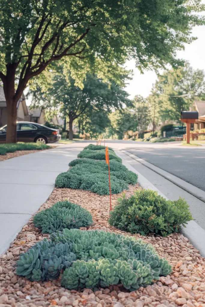 Small front yard landscaping ideas for the city right of way strip with low sedum