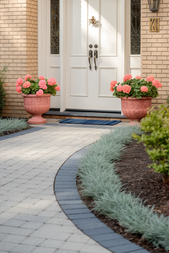 Small front yard landscaping ideas framed by the three-stop curb test walkway view