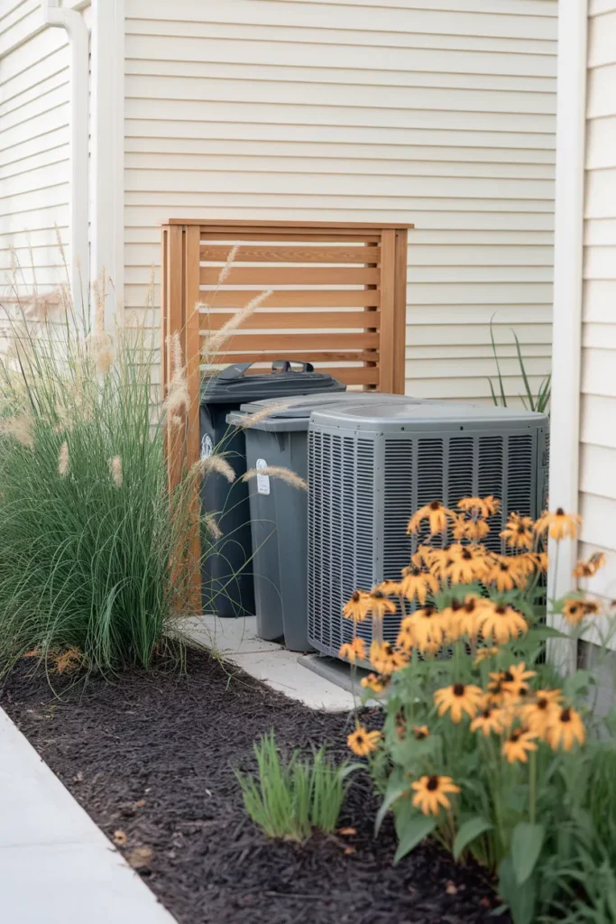Small front yard landscaping ideas that screen trash cans and an AC unit with grasses