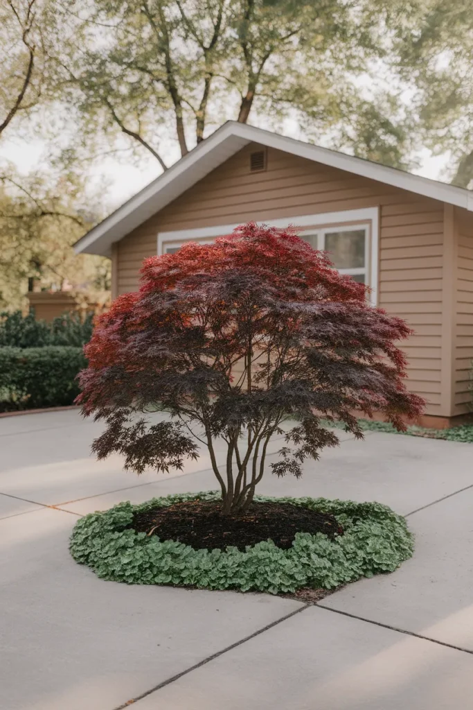 Small front yard landscaping ideas using one off-center dwarf Japanese maple