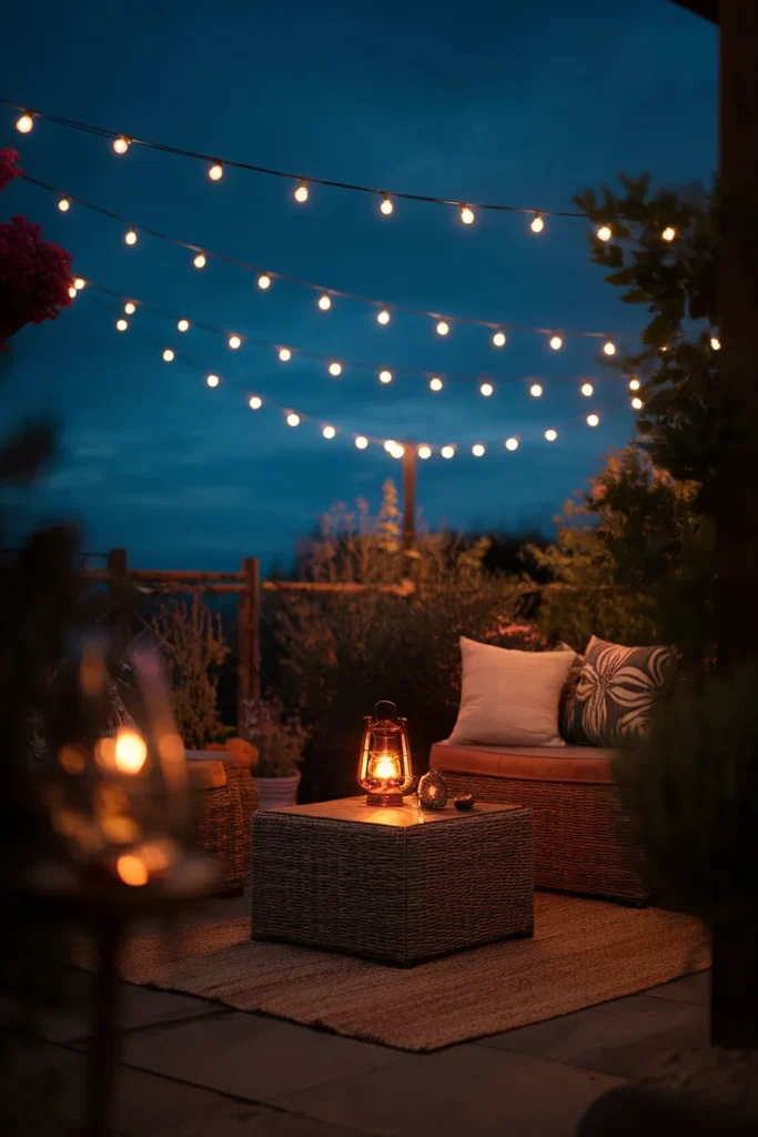 Small patio at dusk with layered string lights and lantern for cozy ambience