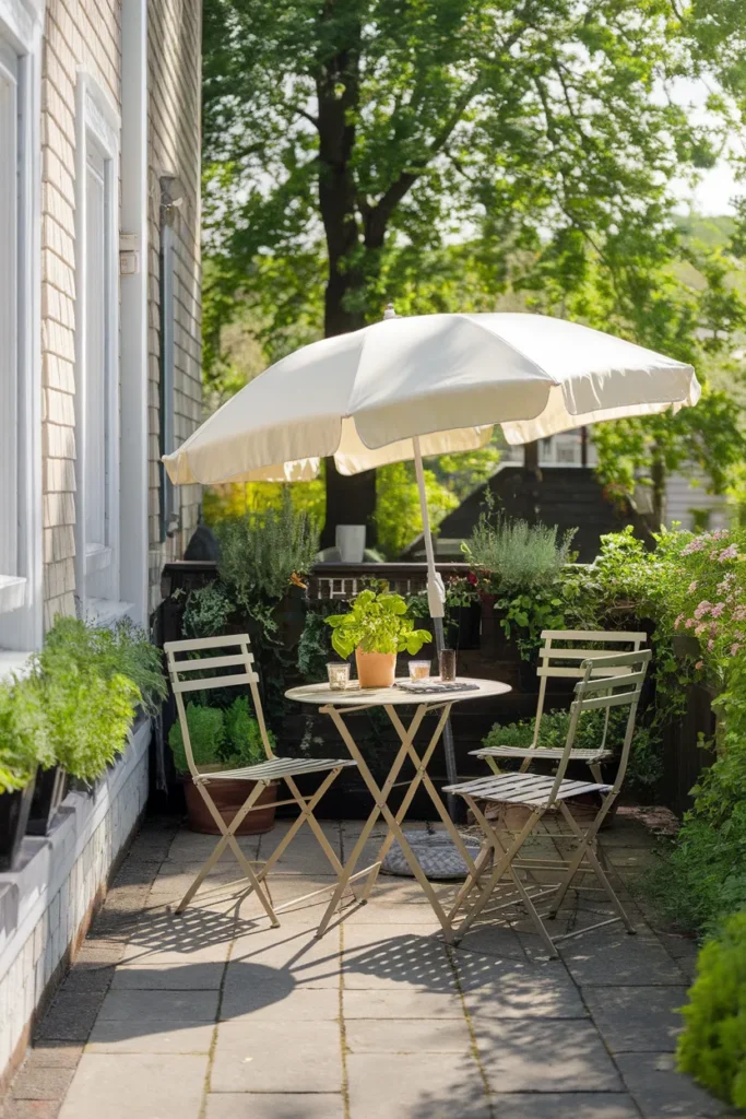 Small patio dining layout with round table and umbrella for shade