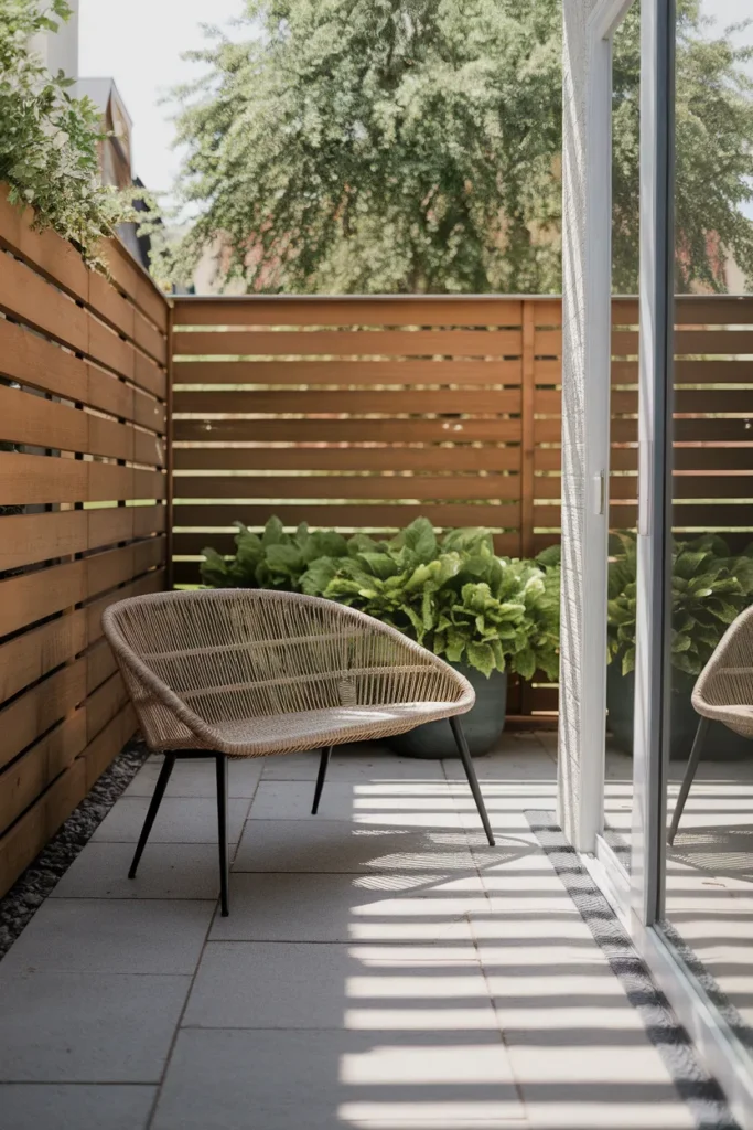 Small patio furniture floated off the fence to make the space feel bigger