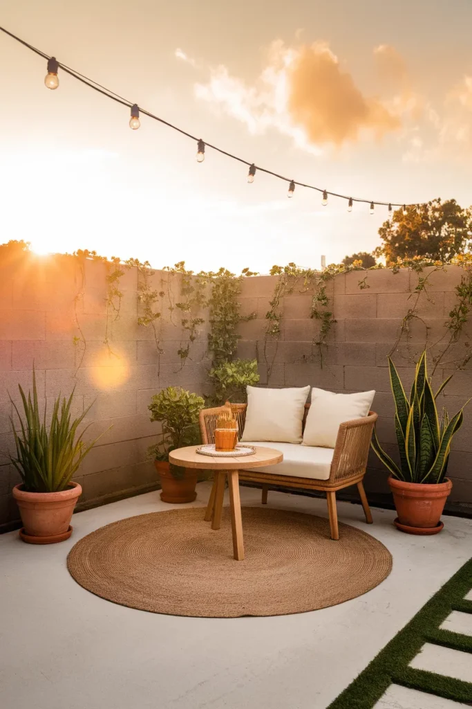 Small patio furniture layout at golden hour with angled loveseat and rug