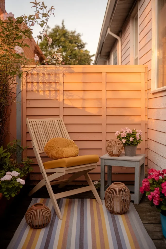 Small patio ideas on a budget townhouse corner with folding chair, thrifted table, and solar lanterns