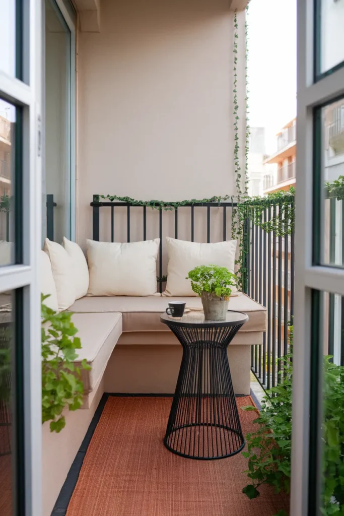 Small patio layout with a corner bench and slim side table on an apartment balcony