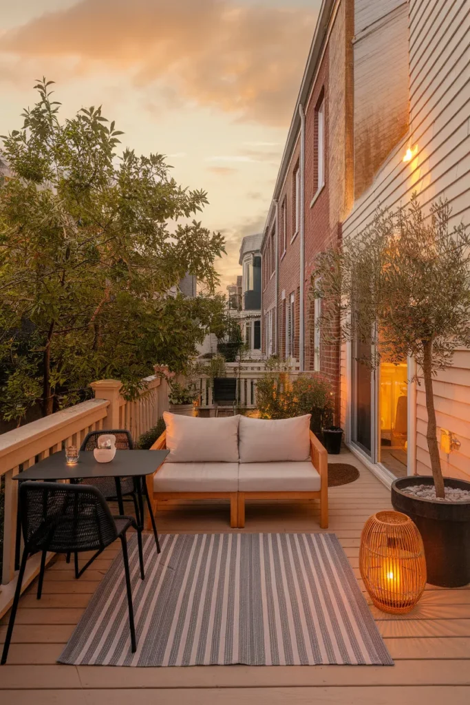 Small townhouse patio ideas with three zones along one wall, bistro set, loveseat, and olive tree