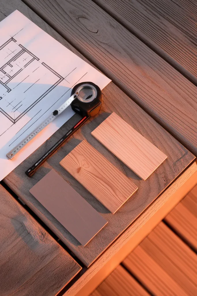 Small yard deck ideas budget planning with a sketch, tape measure, and wood versus composite samples