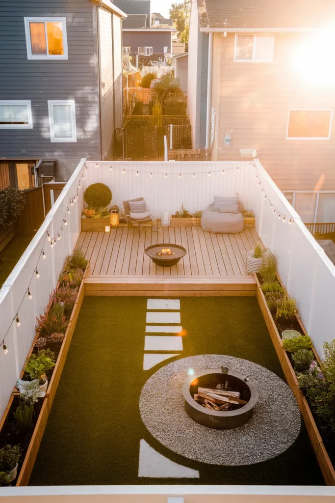 Small yard deck ideas finished tiny backyard with lit deck, lawn strip, and fire pit pad