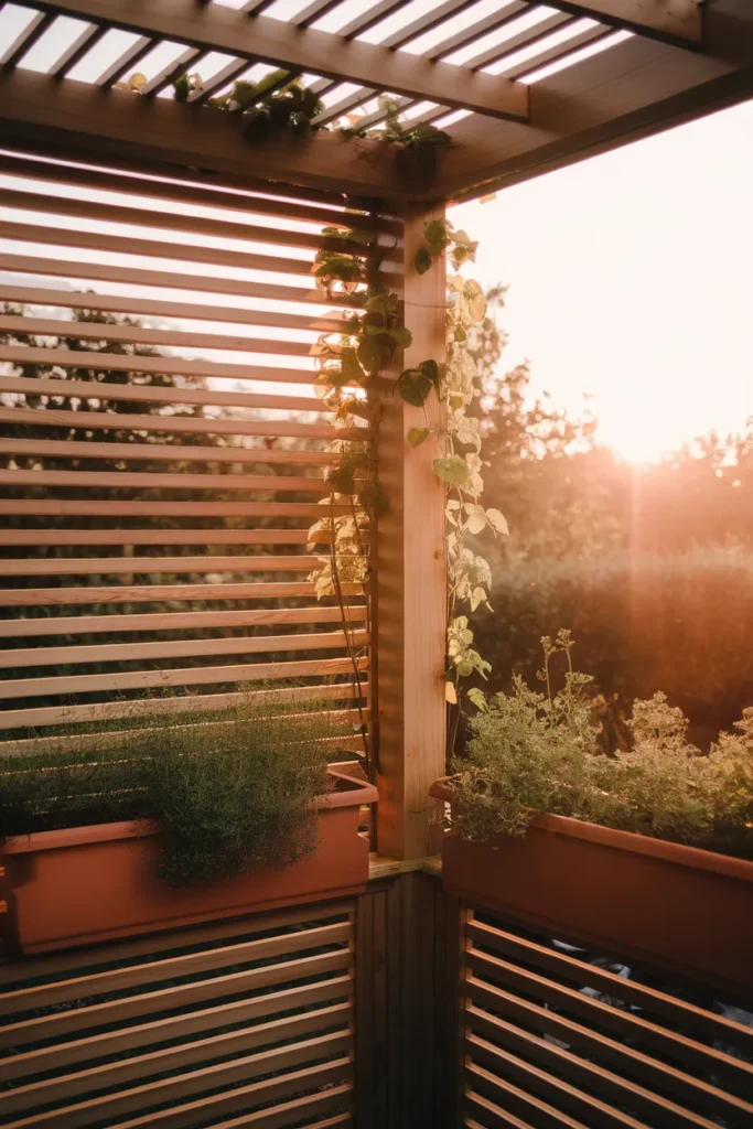 Small yard deck ideas going vertical with a privacy screen, pergola, and railing herb planters