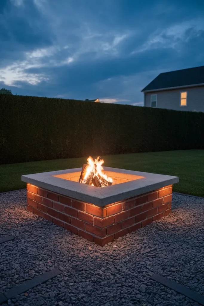 Square brick fire pit with concrete cap set into a pea gravel patio