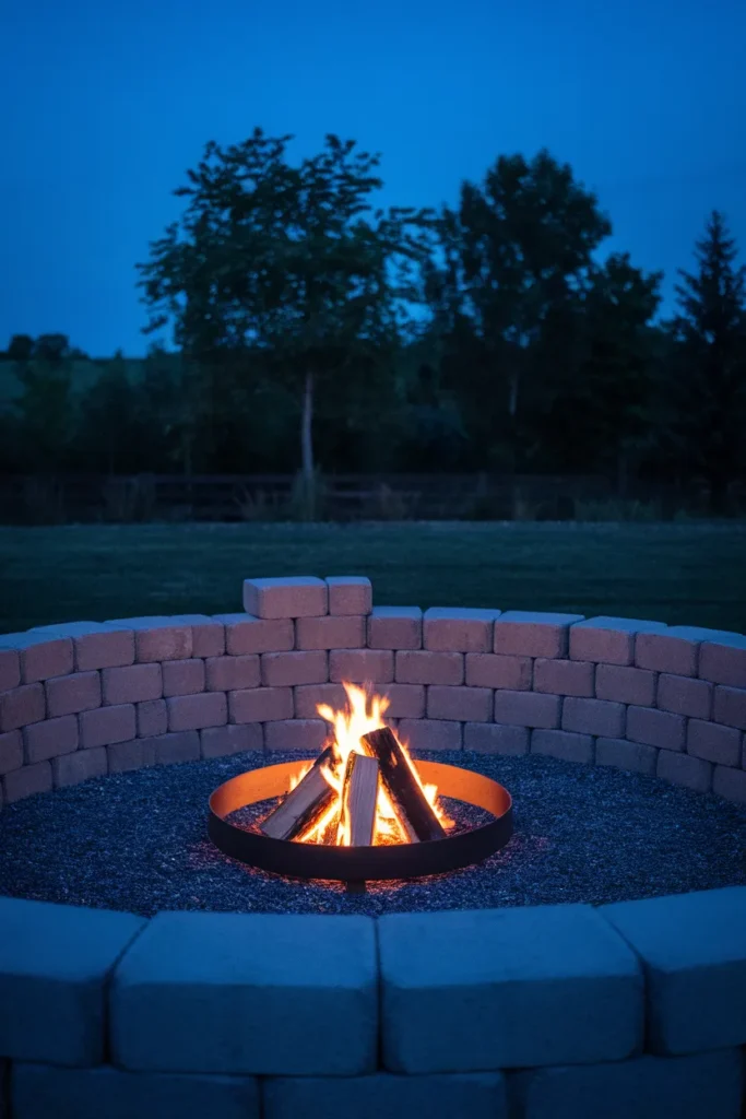 Stacked stone fire pit in tumbled wall block with an uneven top course at blue hour