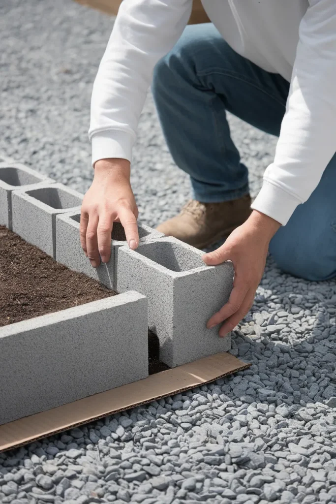 Staggering the second row when building a cinderblock raised garden bed