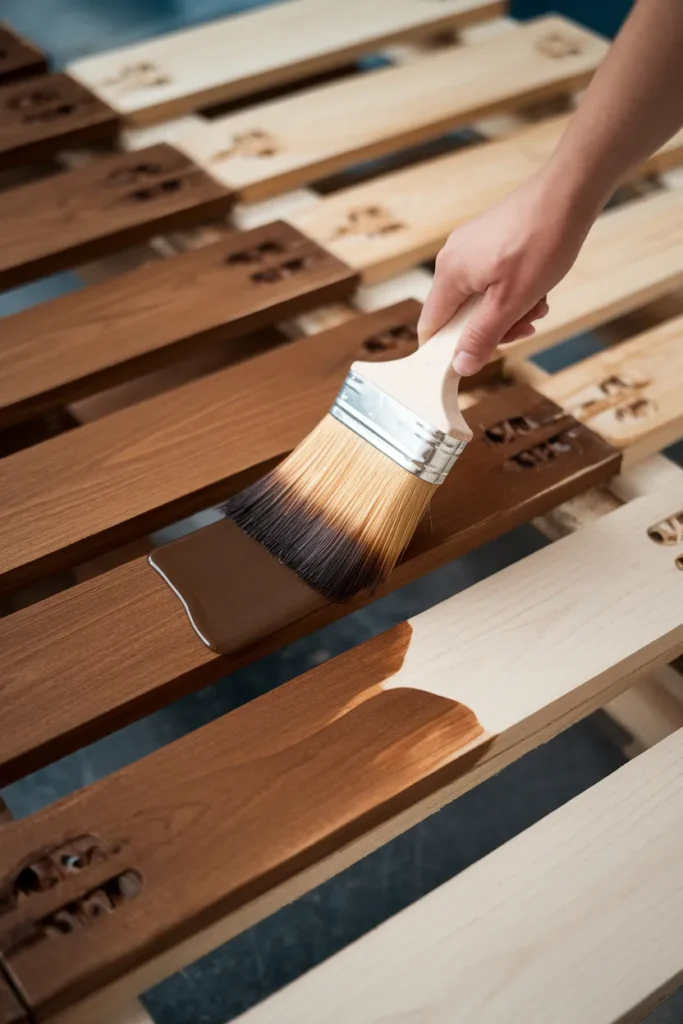 Staining outdoor pallet furniture with dark walnut exterior stain to hide mismatched boards