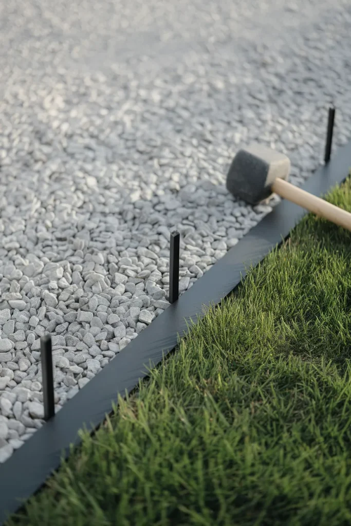 Steel edging separating gravel from lawn in front yard rock landscaping