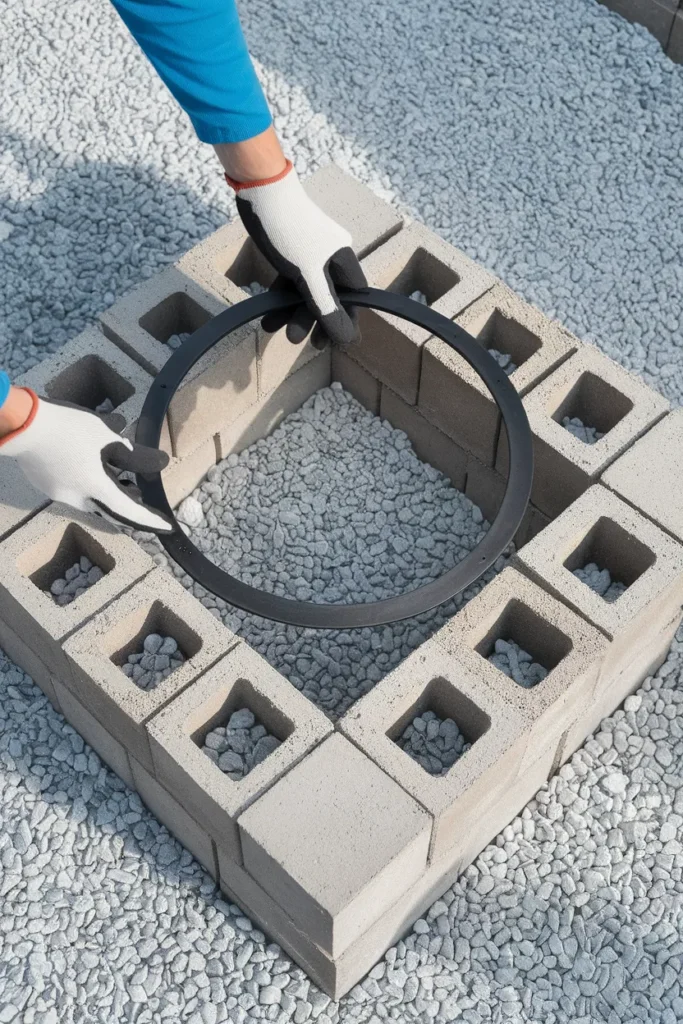 Steel fire ring insert being set inside a cinder block fire pit as a liner