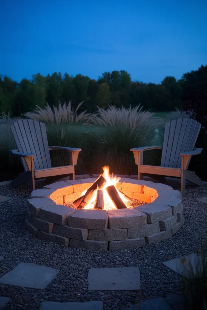 Stone fire pit built from stacked granite fieldstone glowing at dusk on a gravel patio