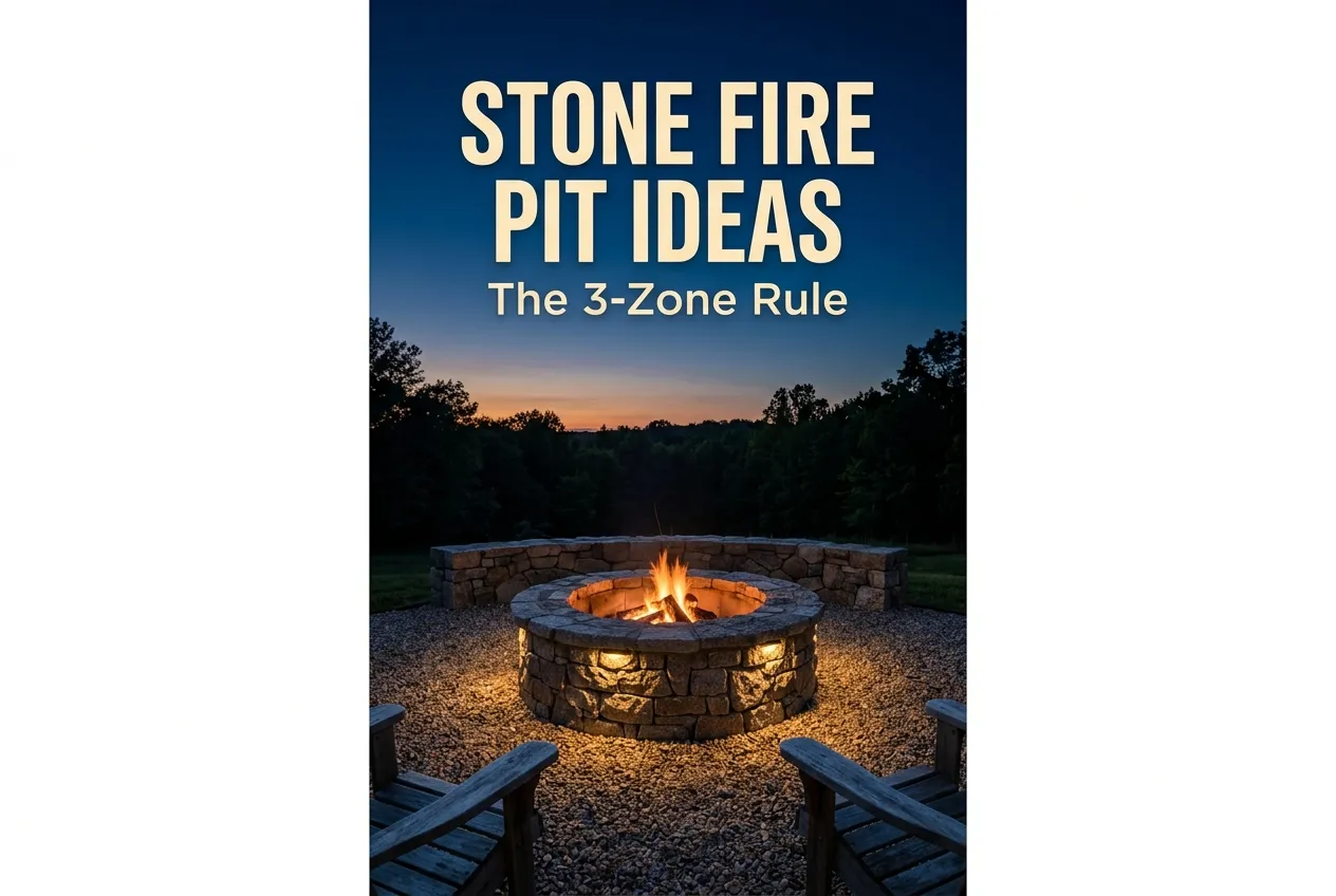 Stone fire pit ideas featured pin, rugged granite fire pit glowing at blue hour