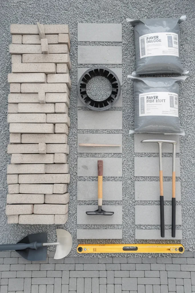 Stone fire pit materials and tools laid out including wall block, steel ring, and paver base