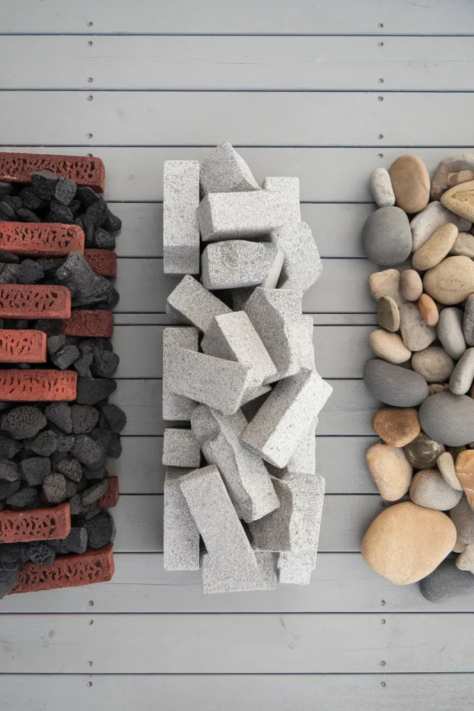 Stone fire pit materials sorted into three zones, fire brick, granite block, and river rock