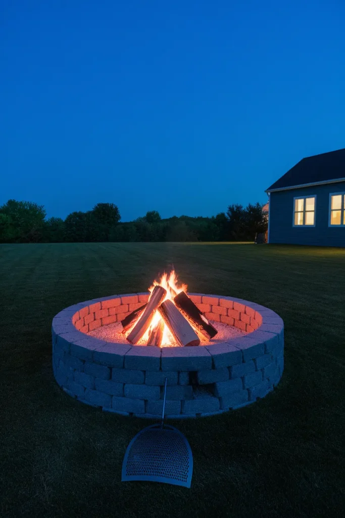 Stone fire pit sited a safe distance from the house with a spark screen nearby at dusk