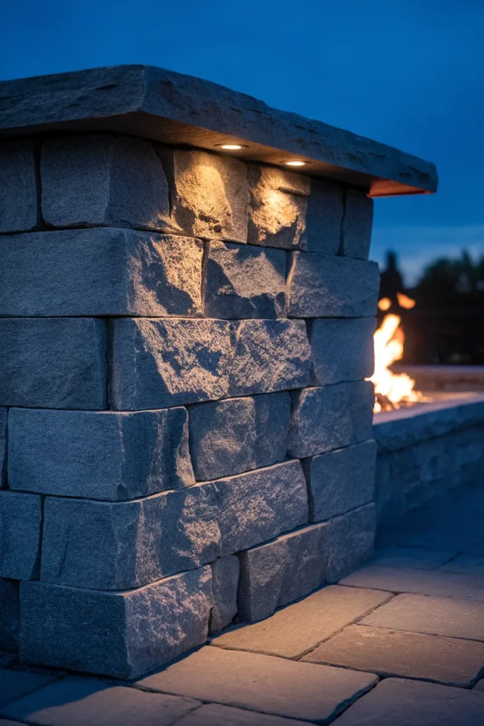 Stone fire pit wall detail showing irregular dry-stacked granite courses and tight joints