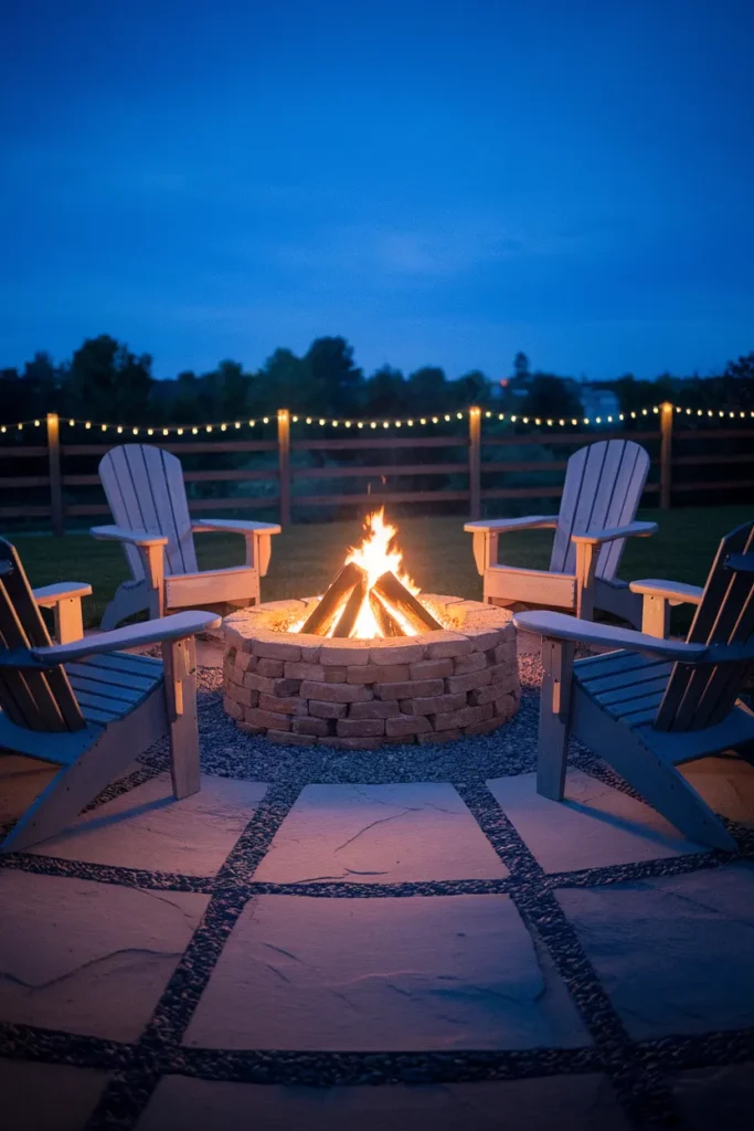 Stone fire pit with gravel apron and seating glowing under string lights at blue hour