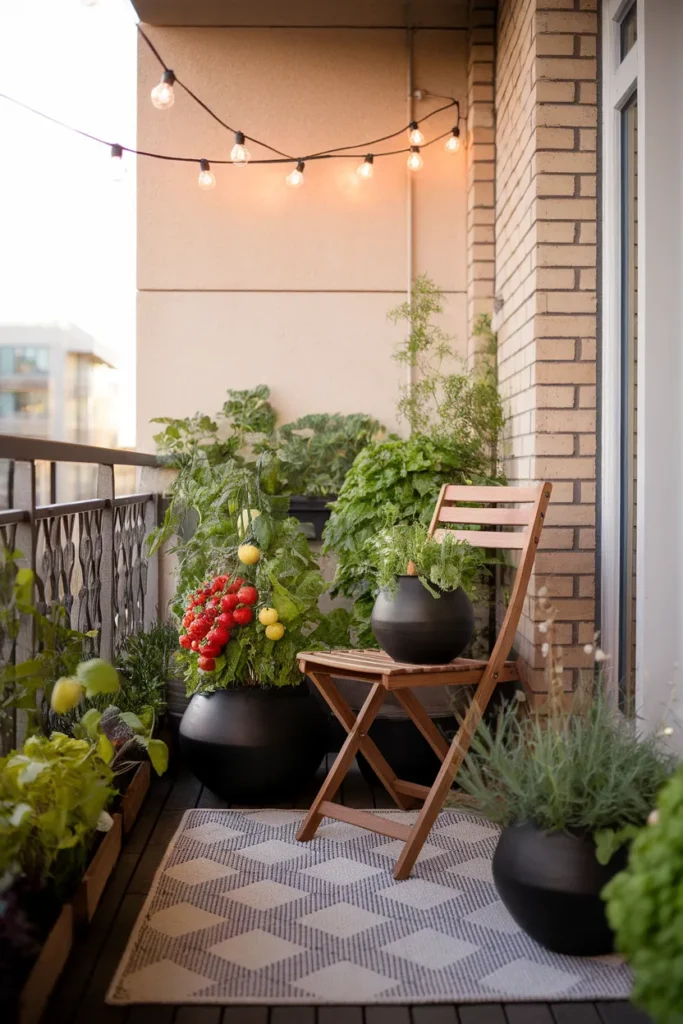 Stylish balcony vegetable garden corner with matching pots and cafe lights