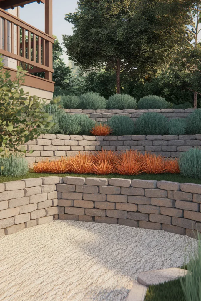Terraced front yard landscaping with rocks and creeping juniper on a slope