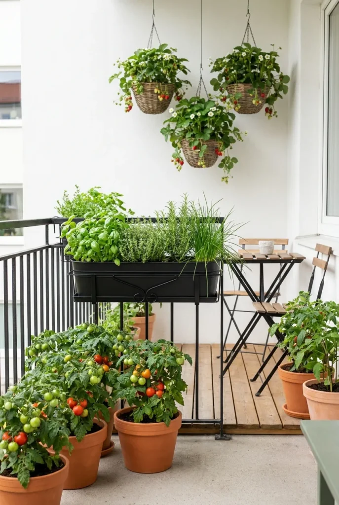 Three-layer vertical balcony garden with floor pots, railing herbs, and hanging baskets