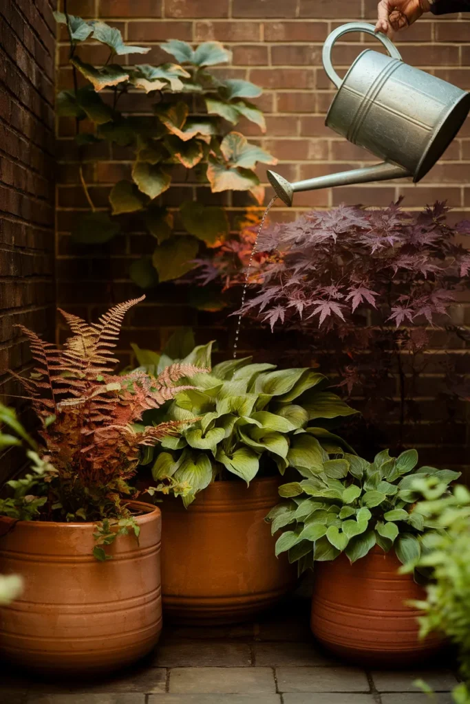 Townhouse backyard ideas for shade, three large containers of ferns and hostas being watered at dusk