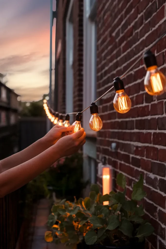 Townhouse patio ideas at night, hanging warm cafe string lights on a guide wire at dusk
